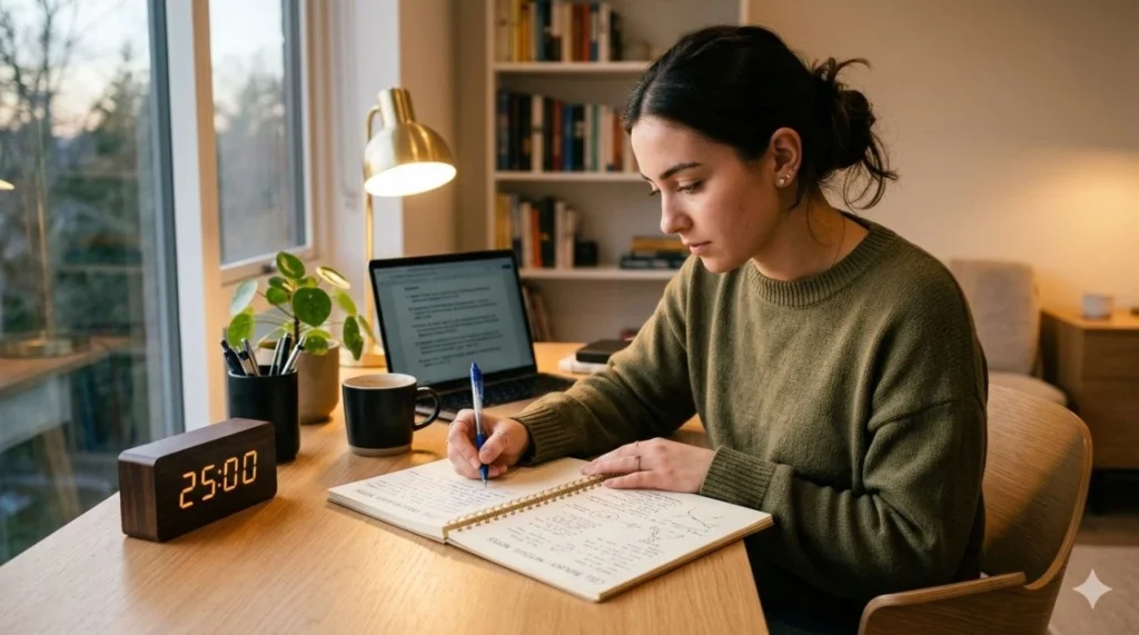 Student using Pomodoro technique with 25 minute study timer