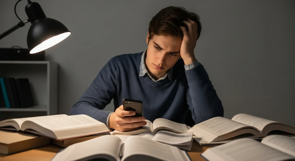 student distracted by phone while studying losing focus